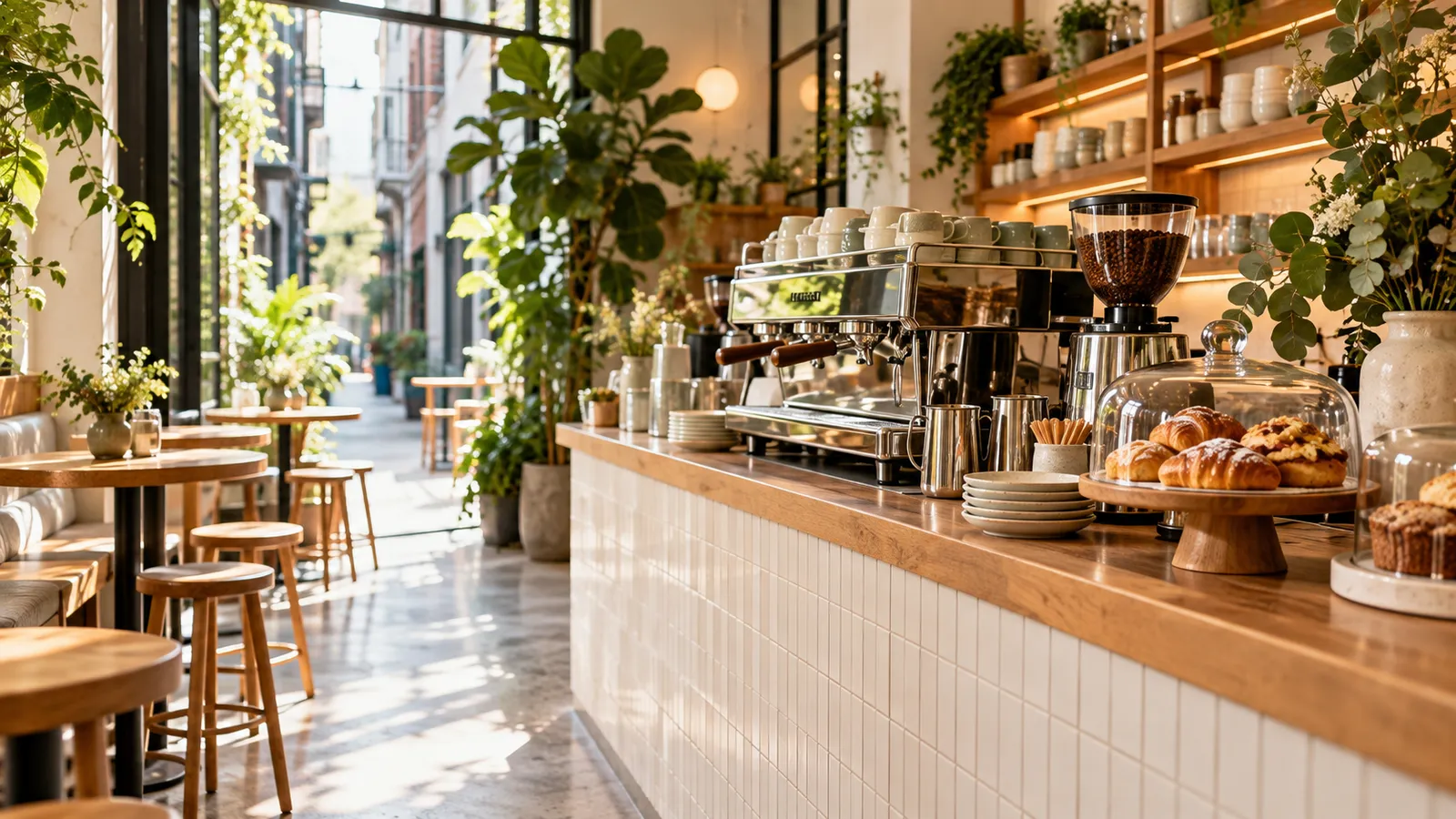 A flat white and smashed avo on a timber table by a sunny window